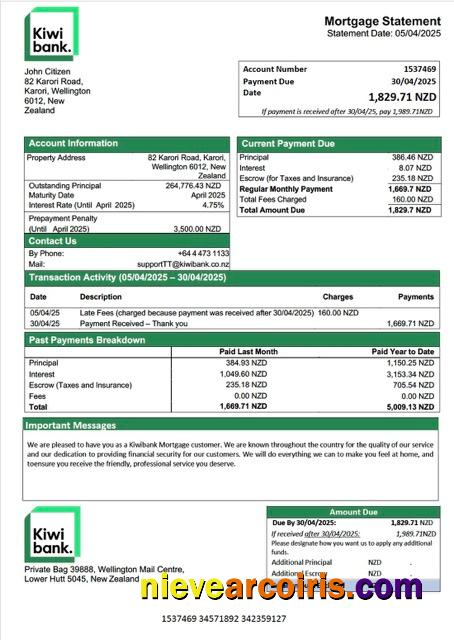 New Zealand Kiwibank mortgage statement Word and PDF template